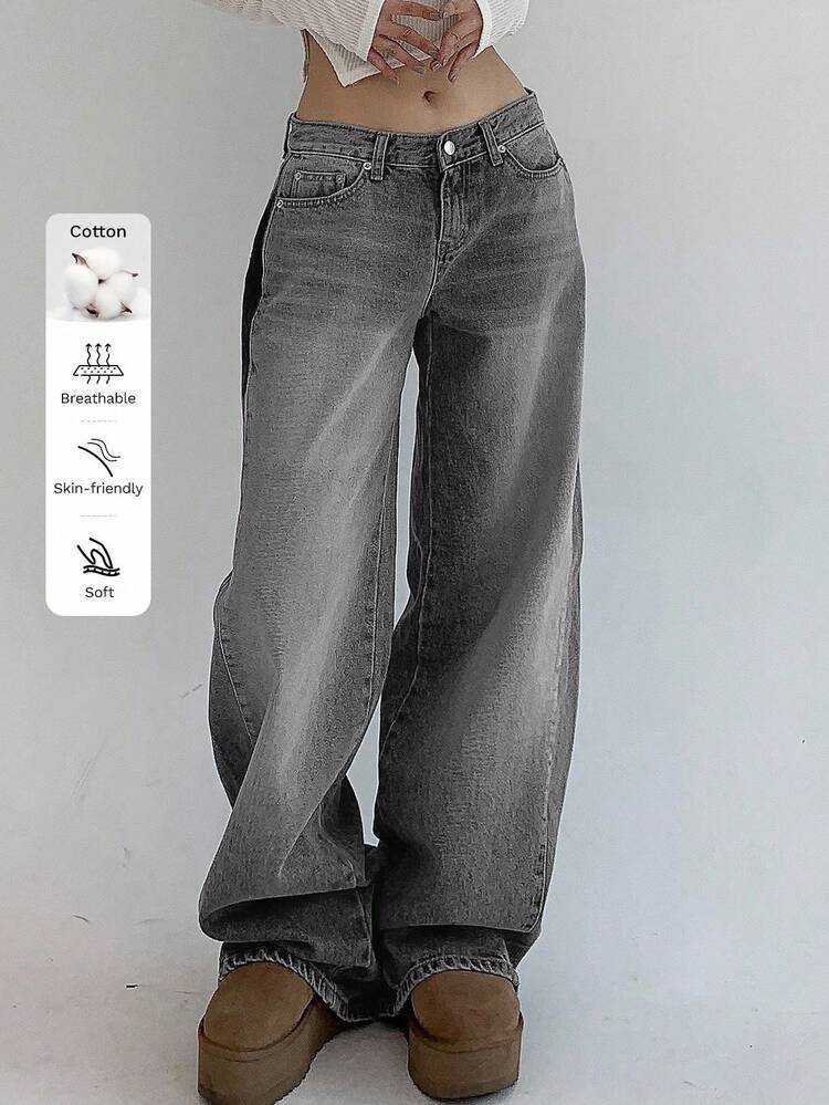 Women's Pocket Loose Wide Leg Casual Versatile Jeans
