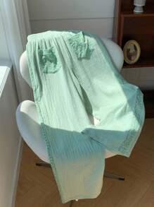 Comfortcana 女士休闲绿色蕾丝拼接阔腿裤 - 綠色 - 查看 4