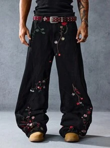 ROMWE MEN Street Life Quần jean ống đứng thêu hoa phong cách retro thường ngày cho nam, phong cách Grunge - màu đen - Xem 5