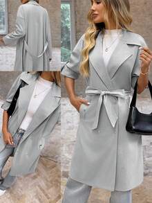 EMERY ROSE 女士休闲通勤纯色风衣 - 淺灰色 - 查看 10