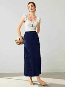 Uhlyne Women's Summer Skirt - Temperament Accordion Pleat Splicing High-End Niche Gentle Elastic Waist Elegant Age-Reducing Suitable For Commuting Leisure Black Skirt Fall Cloth For Women