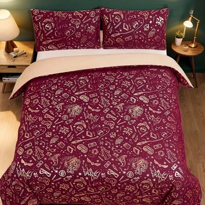 HARRY POTTER X SHEIN 3 Pcs Foil Printed Bedding Set, Christmas Red Color For New Year, Soft & Cozy, Warm & Machine Washable, Suitable For Twin/Full/Queen/King Size Bed, Dormitory/Home, Christmas ,Gift Ideas