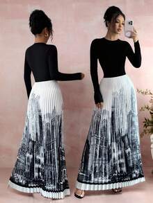 Rafferiza Women's Knitted 2 In 1 Long Sleeve Round Neck Patchwork Pleated Printed Maxi Dress,Black And White,Autumn,Elegant,Evening Wedding Guest Party Dress - Black - View 1