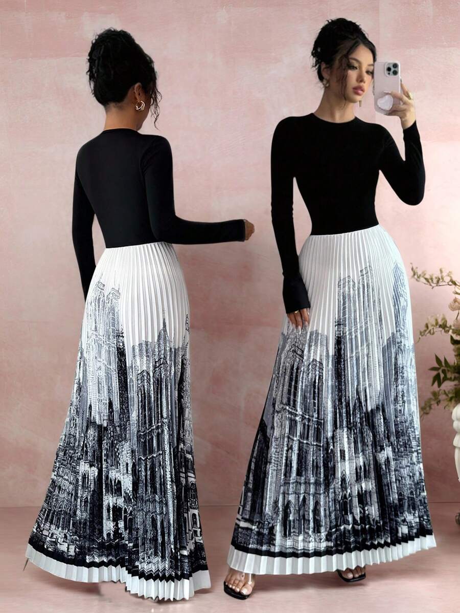 Rafferiza Women's Knitted 2 In 1 Long Sleeve Round Neck Patchwork Pleated Printed Maxi Dress,Black And White,Autumn,Elegant,Evening Wedding Guest Party Dress - Black - View 1