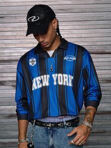 AXEPEAK 男士梭织时尚休闲青年Polo衫，秋季款，长袖上衣 - 藍色和黑色 - 查看 6