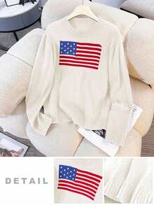 SHEIN Teen Girl Oversized Crew Neck Casual National Flag Pattern Blue Sweater, Suitable For New Year's Eve, Casual Sports English Graphic/Teen Girl Clothing/Versatile/Loose Fit/Back To School Season/Sporty/College/Retro - Beige - View 6