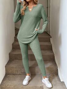 SHEIN LUNE 2 件套女士长袖 T 恤和紧身裤，毛绒罗纹粉色套装，秋冬 - 薄荷綠 - 查看 3