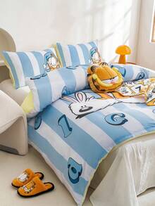 GARFIELD | SHEIN 3pc Soft Cute Cartoon Cat Print Blue Bedding Set,Suitable For Single Bed/Double Bed/Queen Bed/King Bed, Dormitory/Home - Blue - View 5