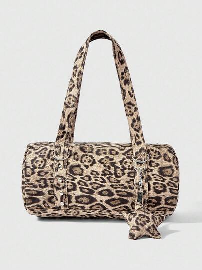 Grunge Punk Borsa a spalla/borsa sotto braccio multifunzionale di grande capacità con stampa leopardata kaki e decorazione a pentagramma, borsa a tracolla versatile e alla moda in stile Y2K, adatta per feste, vacanze, shopping