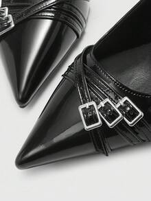 CUCCOO BIZCHIC Zapatos de tacón alto de mula de mujer con punta afilada, tacón de aguja, correa trasera negra, correas múltiples, moda versátil para ir al trabajo