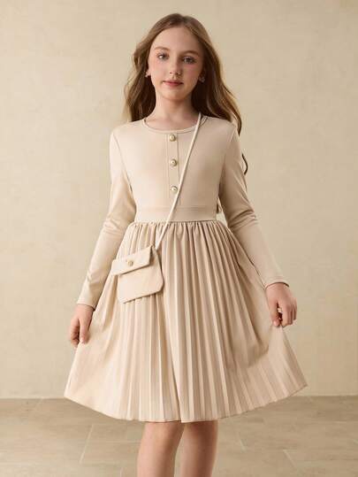 Girls' Casual Minimalist Daily Round Neck Raglan Long Sleeve Mid-Length Solid Color Pleated Dress With Pearl Buttons, Khaki, Suitable For Halloween, Christmas, Autumn/Winter. Paired With Crossbody Bag And Slip Dress For Party Fall