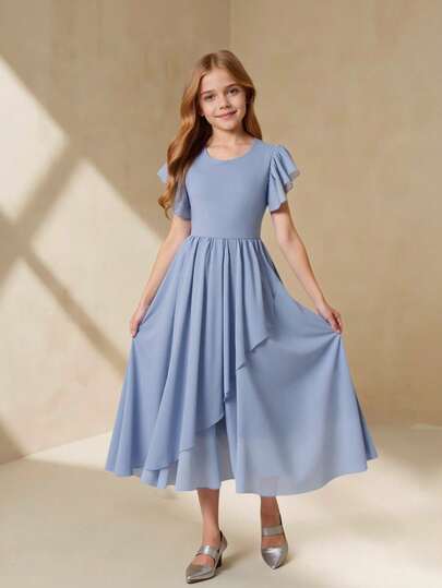 Vestido elegante de gasa de doble capa con cuello redondo, mangas cortas y cintura alta para niñas preadolescentes, adecuado para graduación, baile de graduación, cumpleaños, Navidad y Halloween