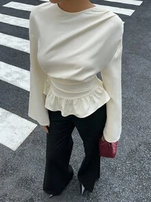 Siren Gaze Ruched Drape Long Sleeve Shirt, White Collar Shirt, Crew Neck Pullover Shirt Peplum Blouse Ruffle Blouse Cream Blouse Modest Blouse Winter Casual Spring - Apricot - View 4
