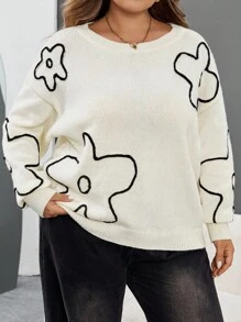 SHEIN CURVE+ Plus Size Women Floral Print Pattern Round Neck Pullover Sweater, New Autumn/Winter Collection/Autumn /Winter - Black and White - View 7