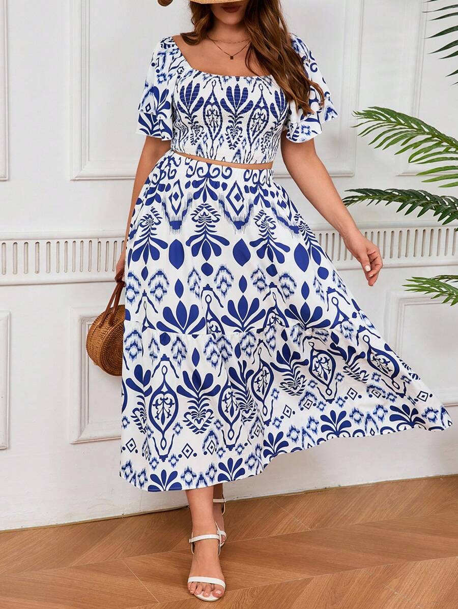SHEIN PETITE Plus Size Women Casual Vacation Blouse & Skirt 2 Pieces Set - Multicolor - View 1