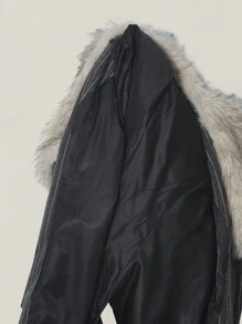SHEIN ICON Chaqueta de mujer con cuello asimétrico de piel, parche de tela a rayas, cinturón, abrigo con cuello de piel, abrigo de raya de tiza, esponjoso y grueso para otoño/invierno - Gris Oscuro - Ver 8