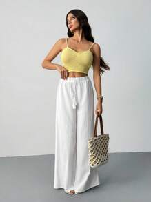 SHEIN Tall 女式全长几何白色休闲度假阔腿裤 - 白色 - 查看 5