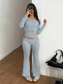 Teenage Girls' Casual Striped Transparent Shoulder Strap Off Shoulder Long Sleeve Top And Simple Knit Flare Pants, Spring/Autumn - Baby Blue - View 5