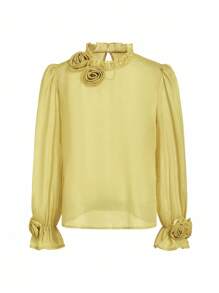 SHEIN Ellevyn 女士优雅百搭花卉荷叶边袖立领透明衬衫，适合外出、下午茶和多种场合 - 綠色 - 查看 5