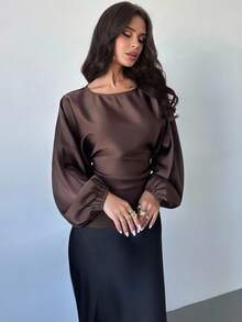 Firerie Fall Women's New Elegant Romantic Casual Urban Commute Elegant Fashion Versatile Coffee Brown Round Neck Batwing Long Sleeve Tie-Waist X-Shaped Regular Fit Blouse, Suitable For Teachers, Autumn, Fall Women Clothes,Elegant Women's Blouses - Brown - View 4