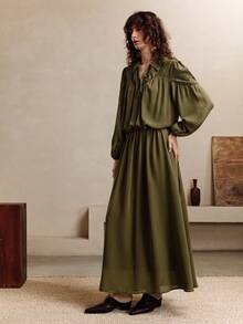 Revavyn 女式提花拼接长款宽松休闲连衣裙 - 軍綠色 - 查看 5