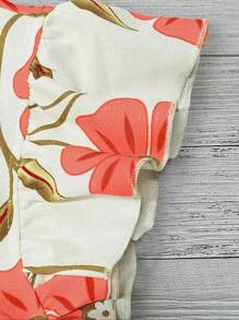 EMERY ROSE 女式休闲粉色花卉印花竹纤维圆领荷叶袖盖袖衬衫，春夏 - 橘色 - 查看 3