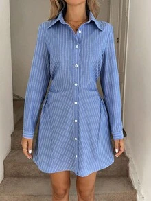 Easowa 领口系带袖褶皱腰 A 字衬衫裙，休闲宽松通勤复古条纹棉混纺短款连衣裙，女士 - 藍白色 - 查看 5