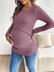 SHEIN 纯色简约哺乳上衣，圆领，长袖 - 粉色 - 查看 8