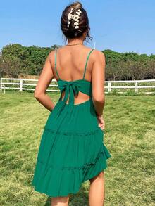 Soleia 水溶蕾絲拼接多層下擺後綁帶吊帶洋裝