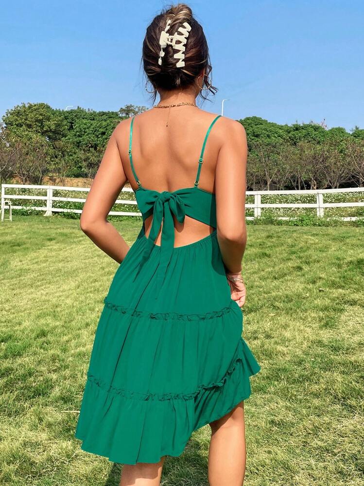 Soleia Guipure Lace Insert Layered Hem Tie Back Cami Dress | SHEIN USA