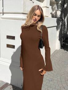 SHEIN Forever 21 优雅通勤纯色喇叭袖连衣裙 - 棕色 - 查看 7