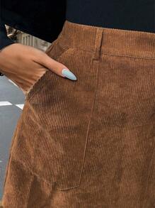 Calvaya Plus Size A-Line Skirt With Zip Pockets, Corduroy - Brown - View 7