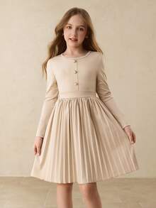 Girls' Casual Minimalist Daily Round Neck Raglan Long Sleeve Mid-Length Solid Color Pleated Dress With Pearl Buttons, Khaki, Suitable For Halloween, Christmas, Autumn/Winter. Paired With Crossbody Bag And Slip Dress For Party Fall - Khaki - View 4