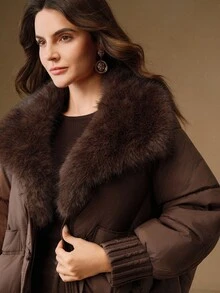 Anewsta Women's Fashionable Solid Color Fur Collar Jacket, Winter - Brown - View 1