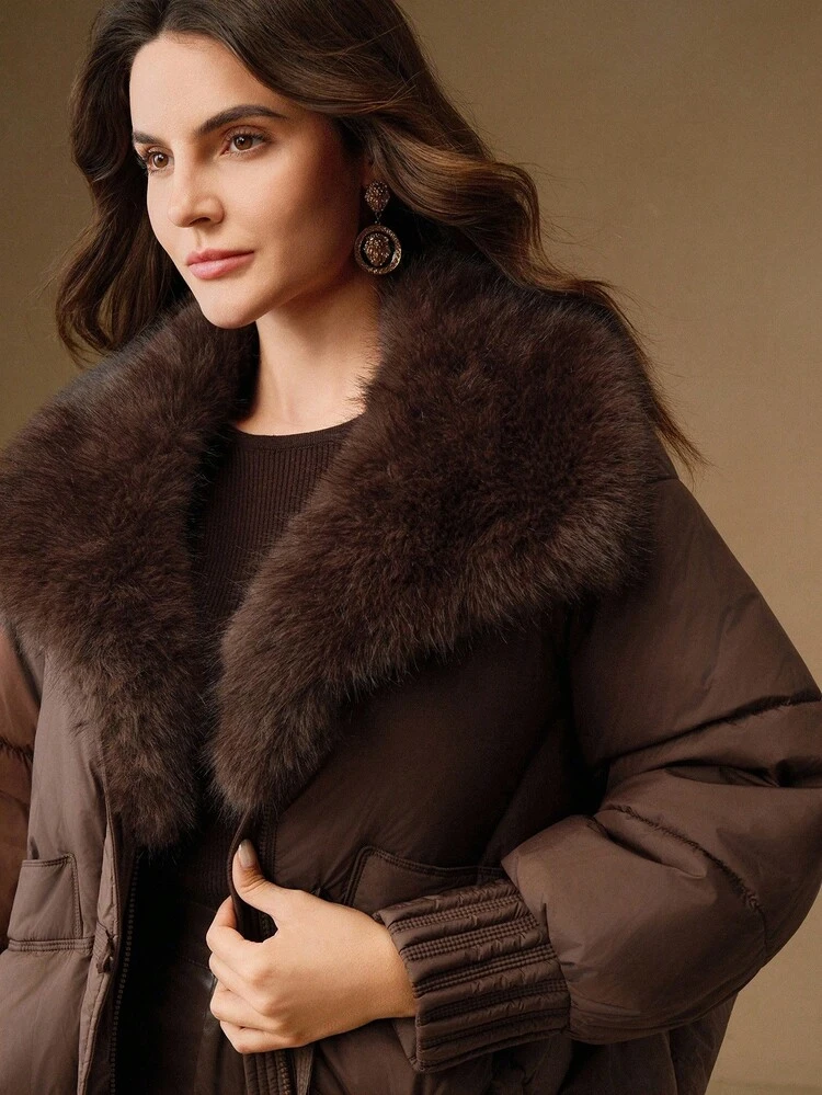 Women's Fashionable Solid Color Fur Collar Jacket, Winter