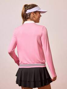 CourtClass Camisa polo deportiva de manga larga con media cremallera y estampado de rayas de contraste, conjunto de tenis rosa para mujer, ropa de tenis de manga larga, parte superior de golf para mujer, camisetas de tenis para mujer