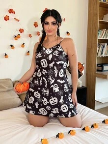 SHEIN Plus Size Women Halloween Pumpkin & Ghost Print Slip Dress - Multicolor - View 3