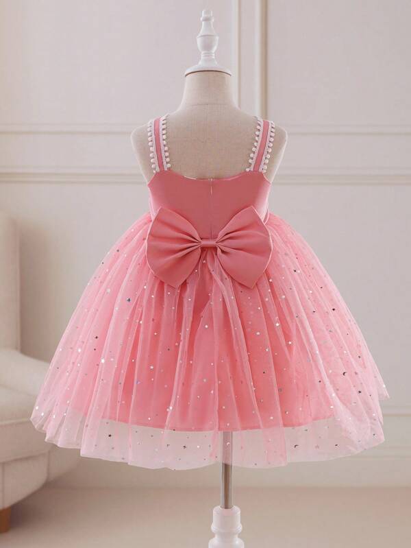 Glamorique Kids 年轻女孩的粉色细肩带夏装，亮片薄纱连衣裙，蝴蝶结后背设计，适合日常、派对、聚会，展现优雅少女魅力