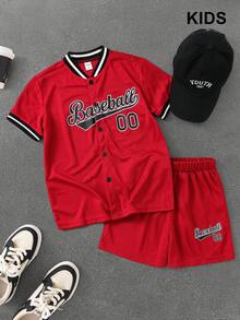 PAVTROS 兒童男生字母圖案帶條紋緣野球領襯衫＆短褲,不包含內搭tee