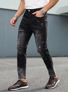Manfinity Homme 男士街头时尚休闲破洞紧身黑色牛仔裤，emo 风格 - 黑色 - 查看 5
