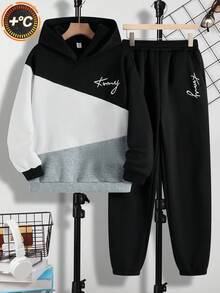 SHEIN 青少年男孩拼色文字刺繡連帽衛衣與運動長褲2件套，返校街頭風畢業秋季休閒運動服套裝 - 彩色 - 查看 1