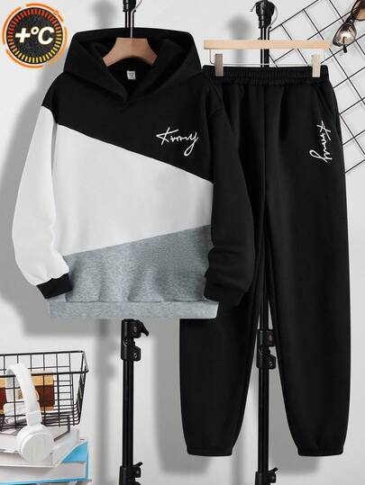 SHEIN 青少年男童休闲街头色块文字刺绣百搭舒适长袖连帽衫和运动裤套装，适合通勤、上学、日常休闲、旅行、运动、派对、秋冬