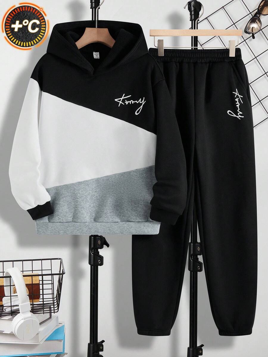 SHEIN 青少年男孩拼色文字刺繡連帽衛衣與運動長褲2件套,返校街頭風畢業秋季休閒運動服套裝 - 彩色 - 查看 1