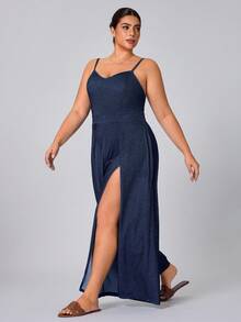 Flexra Plus Size Women Knitted Denim High Slit Jumpsuit - Dark Wash - View 5