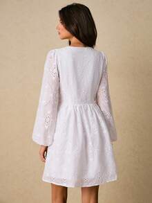 Poéselle 女式纯色常规肩绣花灯笼袖时尚迷你连衣裙 - 白色 - 查看 3