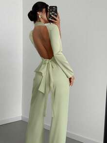 Firerie 女士新款优雅浪漫露背长袖交叉 V 领露背不对称下摆上衣和宽松直筒裤绿色两件套，秋季女装，外出装，机场装 - 綠色 - 查看 5