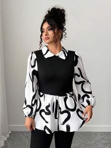 Elenzga Plus Size Fashionable Commuter Contrast Color Print Patchwork Shirt Fall Cloth For Women