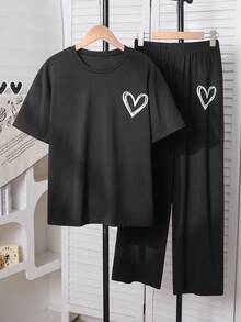 2件套少女心印花圆领休闲短袖T恤和长裤 - 黑色 - 查看 1