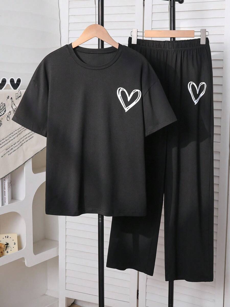 2件套少女心印花圆领休闲短袖T恤和长裤 - 黑色 - 查看 1
