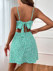 Soleia Ditsy Floral Print Tie Backless Cami Dress - Mint Blue - View 2